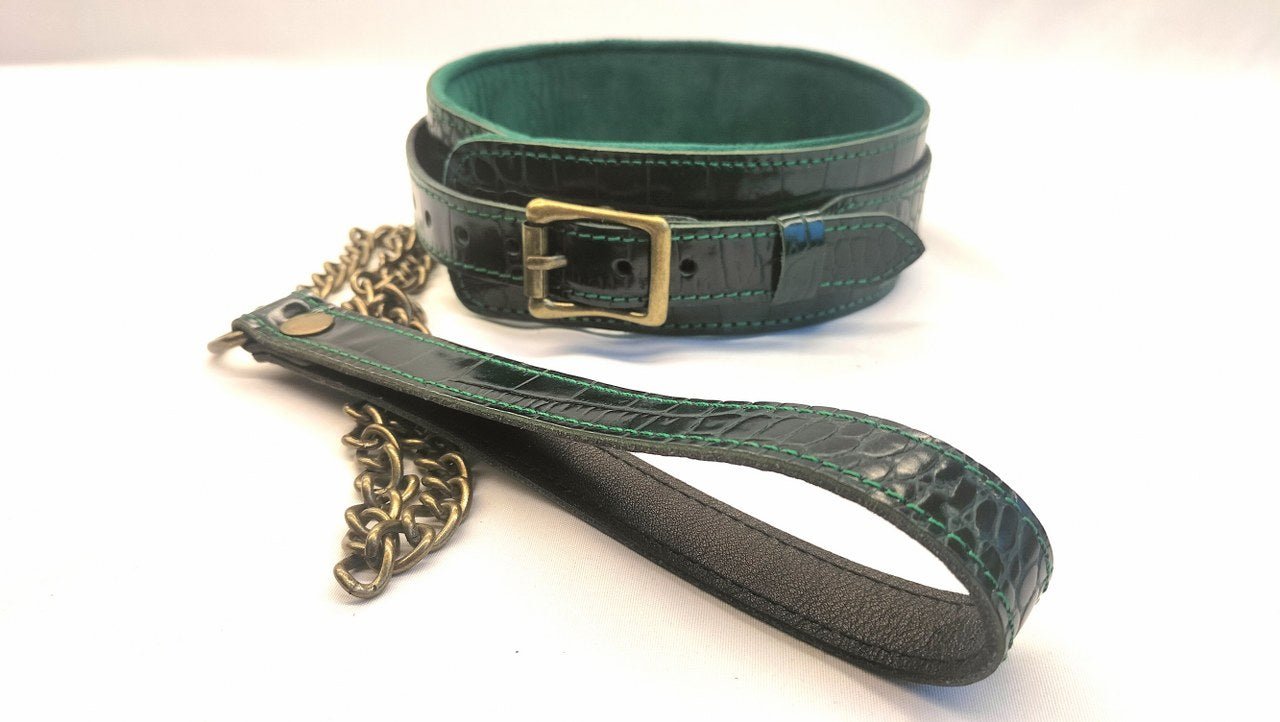 Exclusieve Japan Import Leder Collar met Leiband - Donker groen met crocoprint - Collar - SM - speeltjes