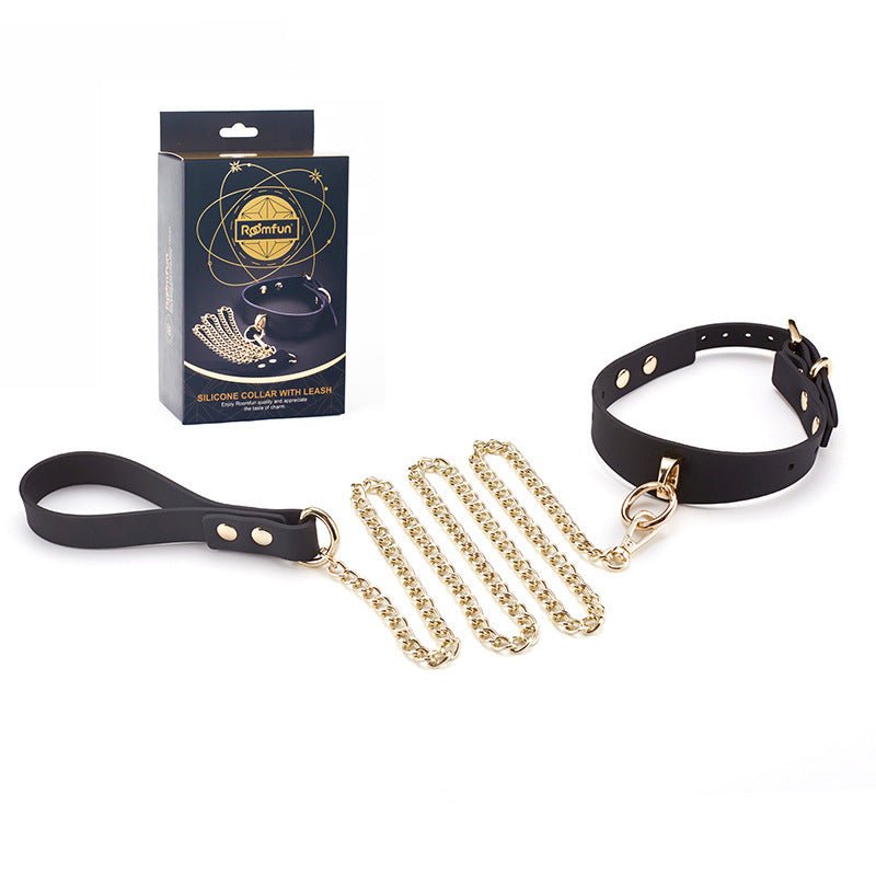 Silikonhalsband Schwarz-Gold mit Leine  Veganes BDSM-Halsband  SM -Spielzeug