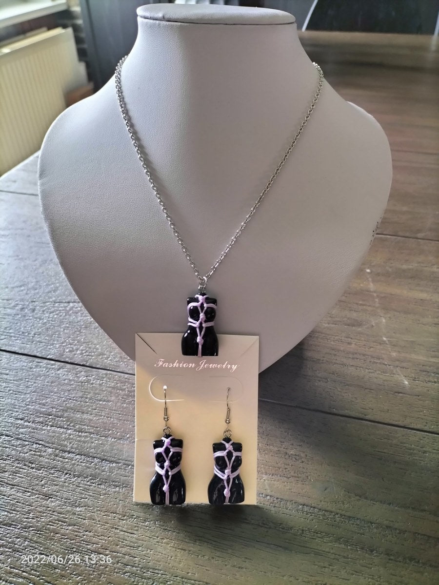 Bondage set oorbellen/halsketting licht roze touw - SM - speeltjes