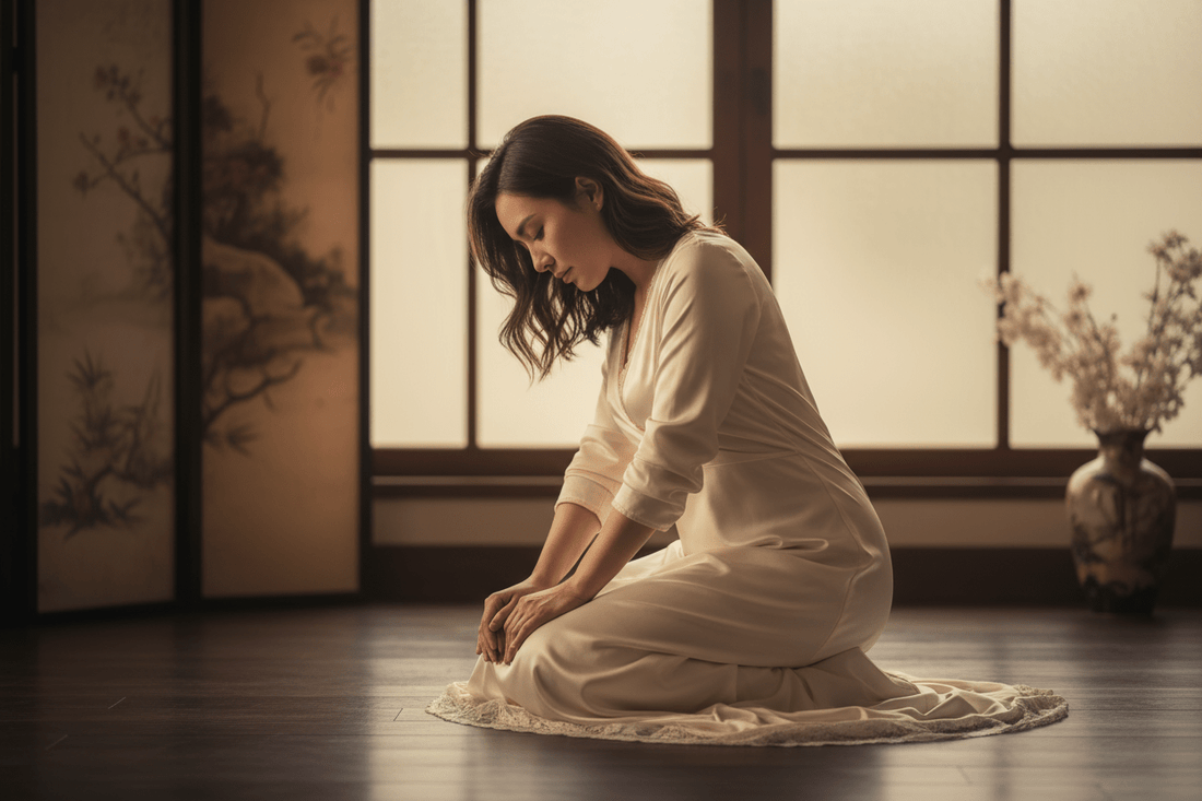 Onderdanige dame geknield en wachtend op haar Dominant