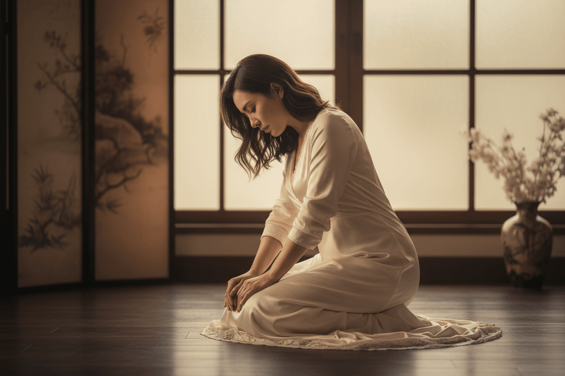 Onderdanige dame geknield en wachtend op haar Dominant