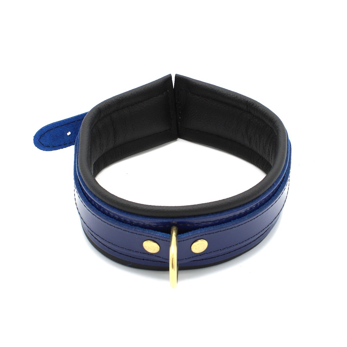 Blauwe Leren BDSM Collar met Lakafwerking & Gouden Gespen