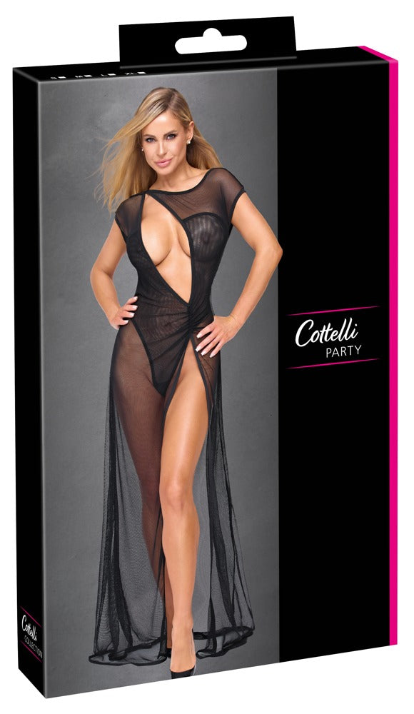 Cottelli Lange Mesh Jurk Moiré Effect – Split & Diepe Rug uitsnijding | S–XL