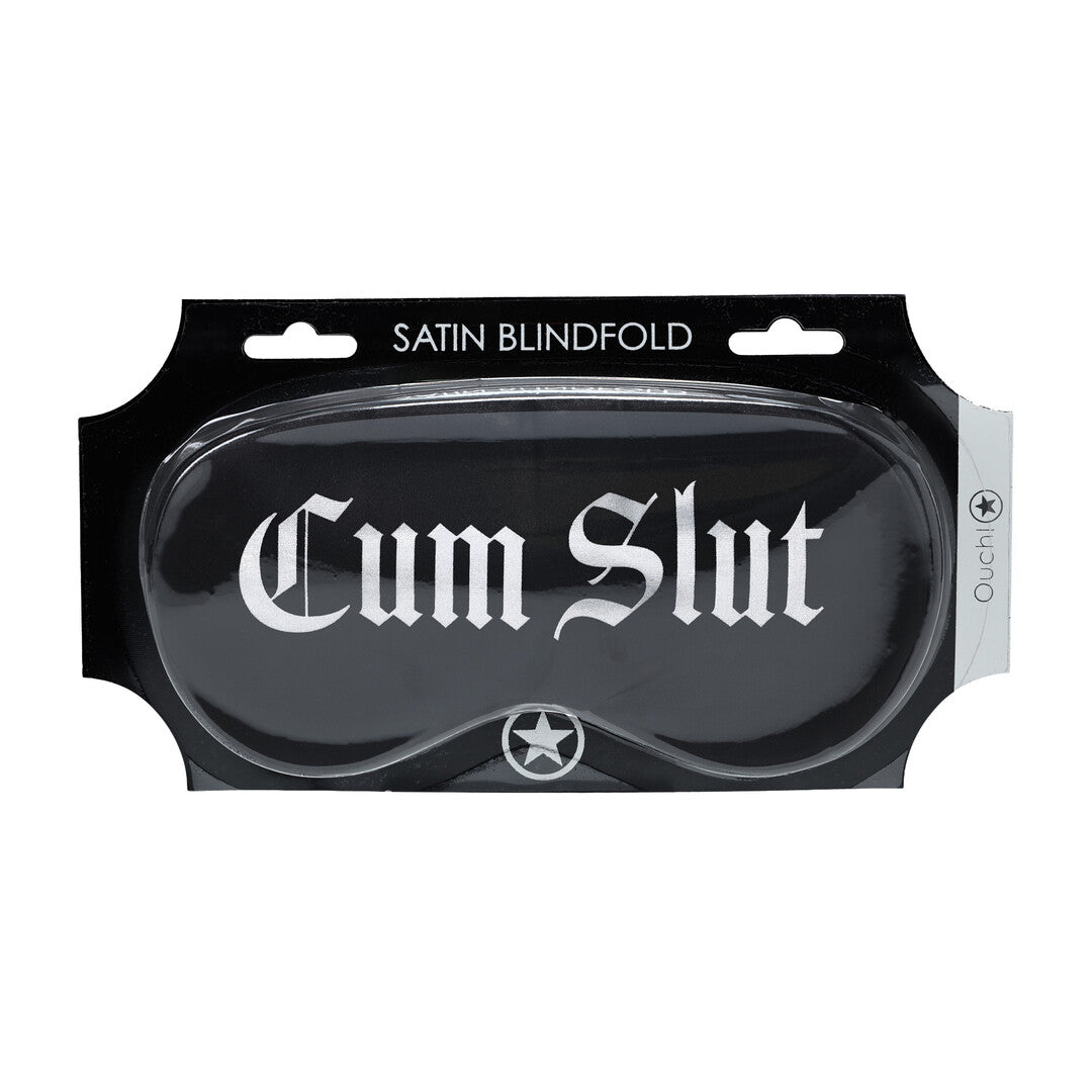 Cum Slut Satijnen Blinddoek – Zwart BDSM Oogmasker met Gedurfde Tekst
