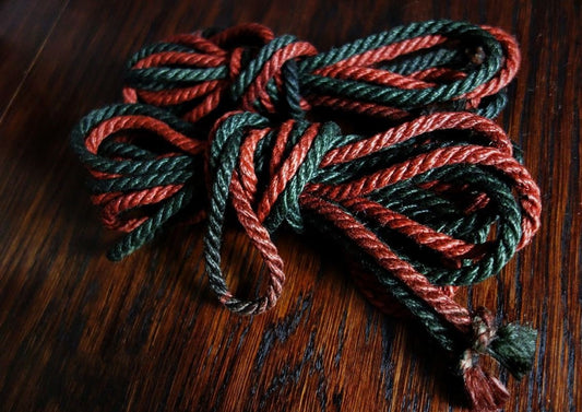 Duo color jute touw 6 mm rusty red/bottle green