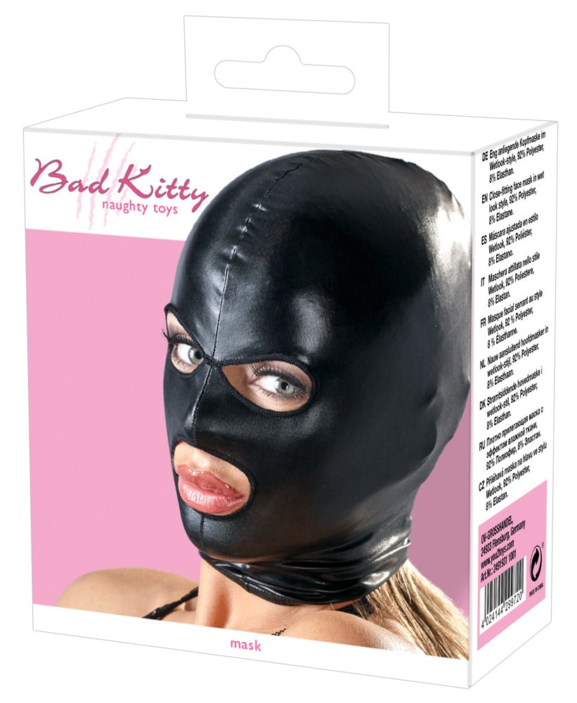 Bad Kitty wet look head mask with open eyes and mouth