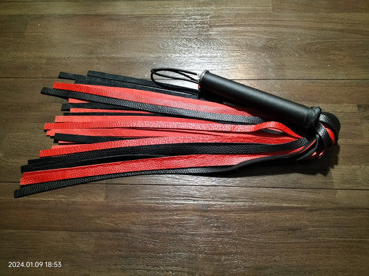 Black/red leather flogger with black leather handle