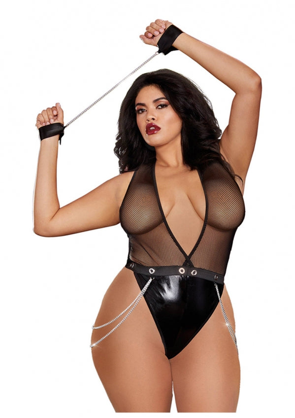 Halter teddy made of imitation leather with deep V-neck - Plus Size
