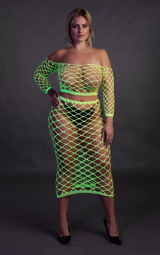 Long Sleeve Crop Top and Long Skirt - Neon Green OS and QS