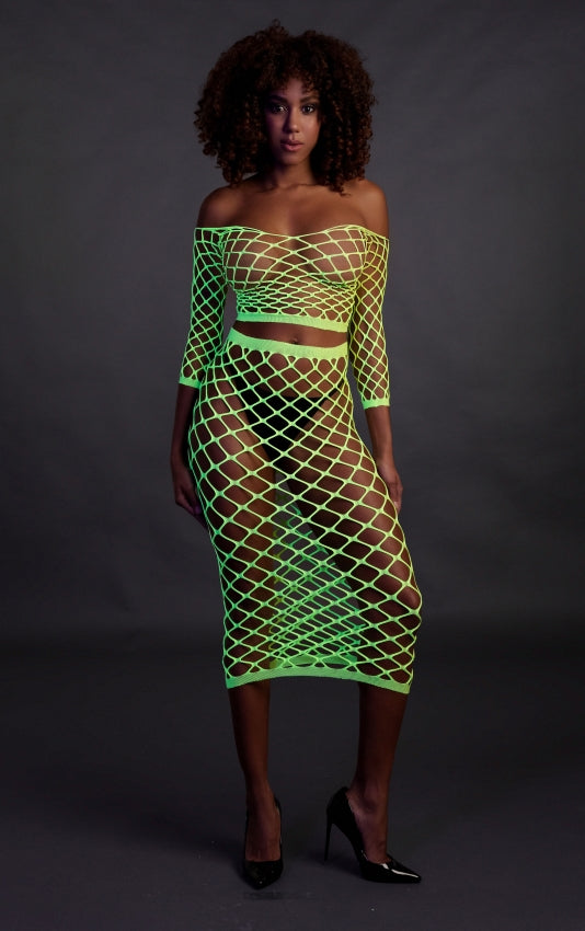 Long Sleeve Crop Top and Long Skirt - Neon Green OS en QS