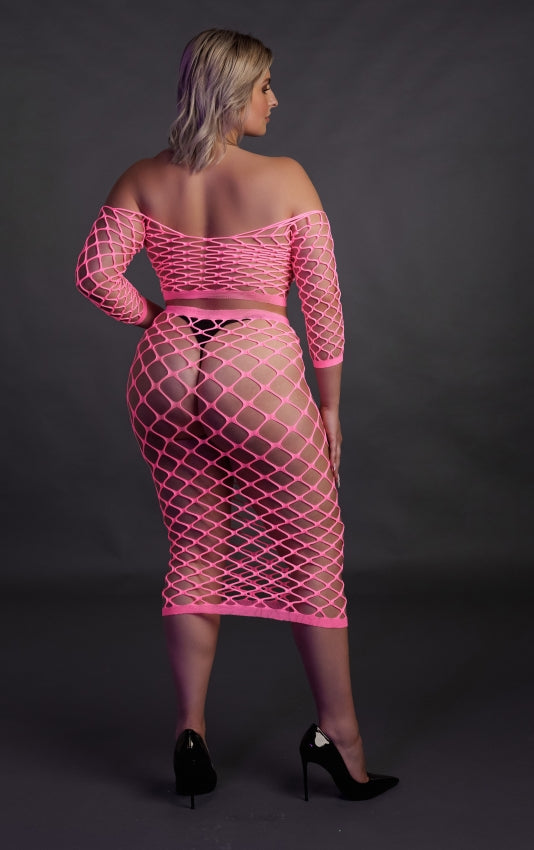 Long Sleeve Crop Top and Long Skirt - Neon Pink OS en QS