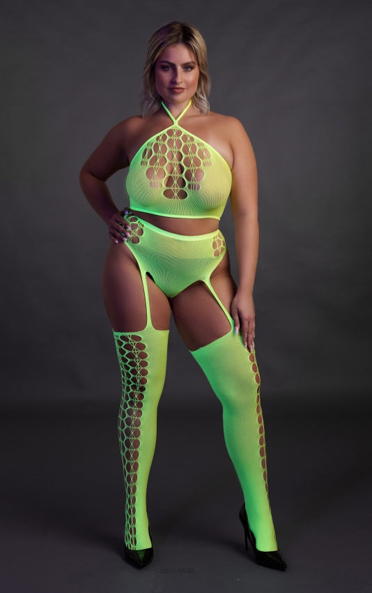 Two Piece with Crop Top and Stockings - Neon Green OS en QS