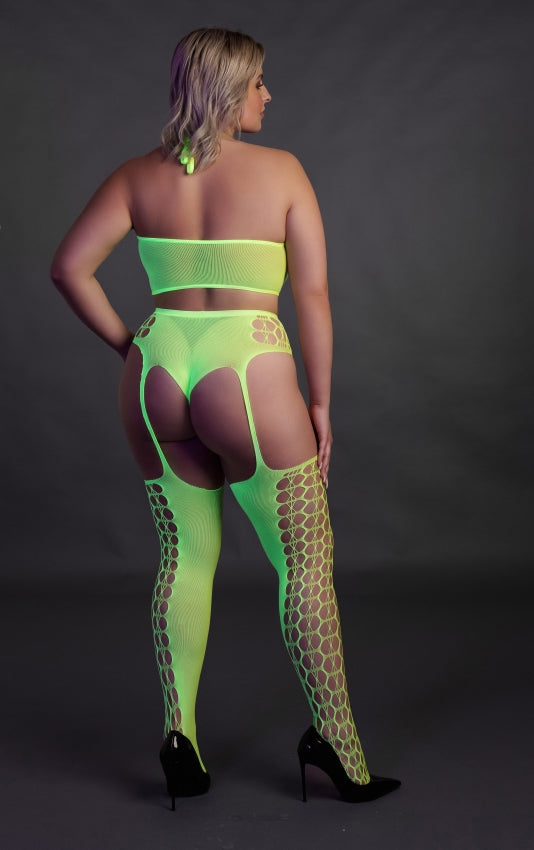 Two Piece with Crop Top and Stockings - Neon Green OS en QS