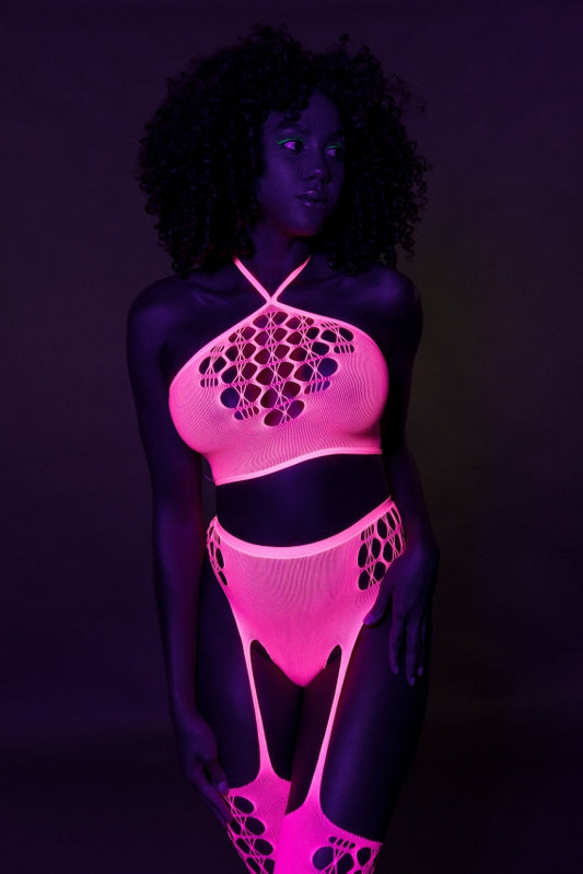 Two Piece with Crop Top and Stockings - Neon Pink OS and QS