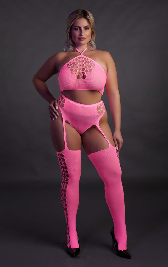 Two Piece with Crop Top and Stockings - Neon Pink OS en QS
