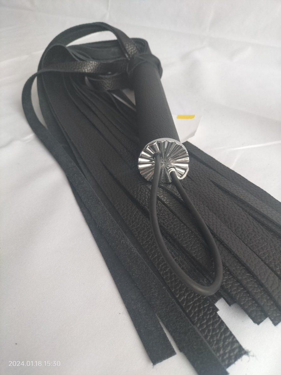 Black leather flogger with black leather handle