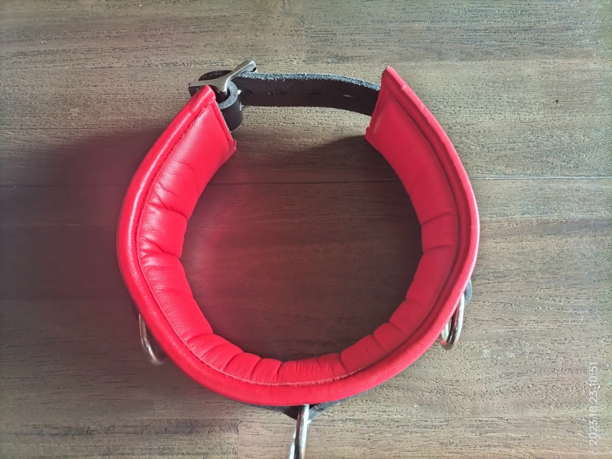 Zwart/rood lederen collar met zachte kalfslederen gepolsterde binnenkant