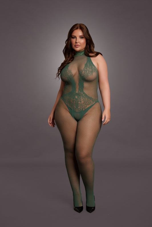Fishnet and Lace Bodystocking - Midnight Green OS en QS