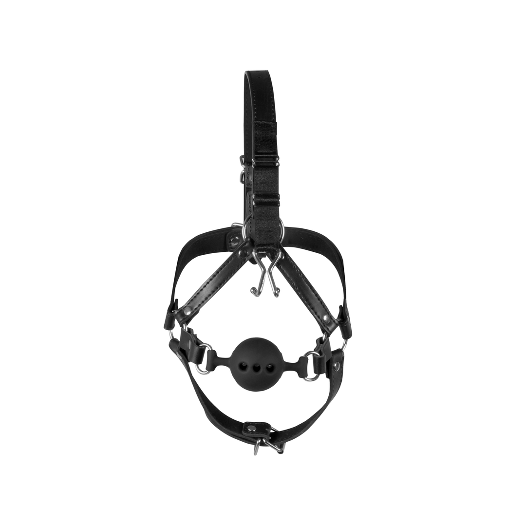 Extreme head harness with bellows gag and nose hooks