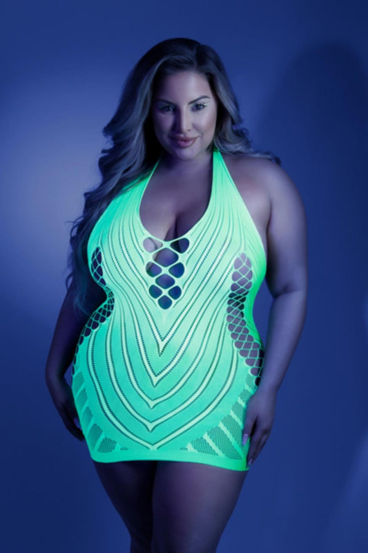 Shock Value Halter Dress With Mesh Neon Green - Queen size