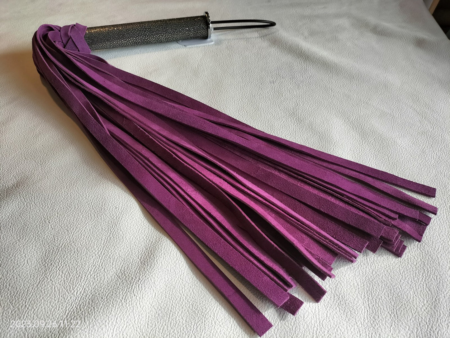 Purple suede flogger 50cm with black/silver polished stingray leather handle