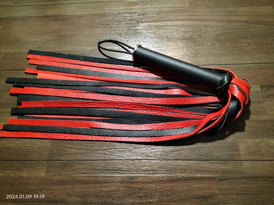 Red/black leather flogger with black leather handle