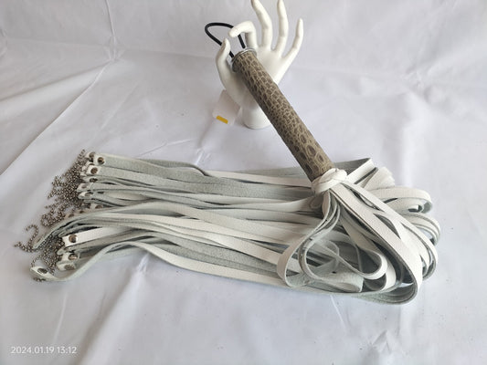 White leather flogger with chainball chain and special handle