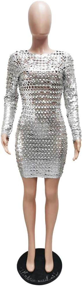 Sexy silver colored dress with long sleeves QS