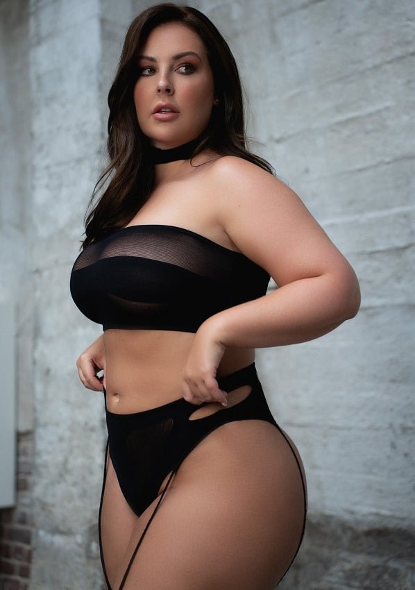 Ananke Driedelige Set met Choker, Bandeautop en Slip met Kousenbanden - SM - speeltjes