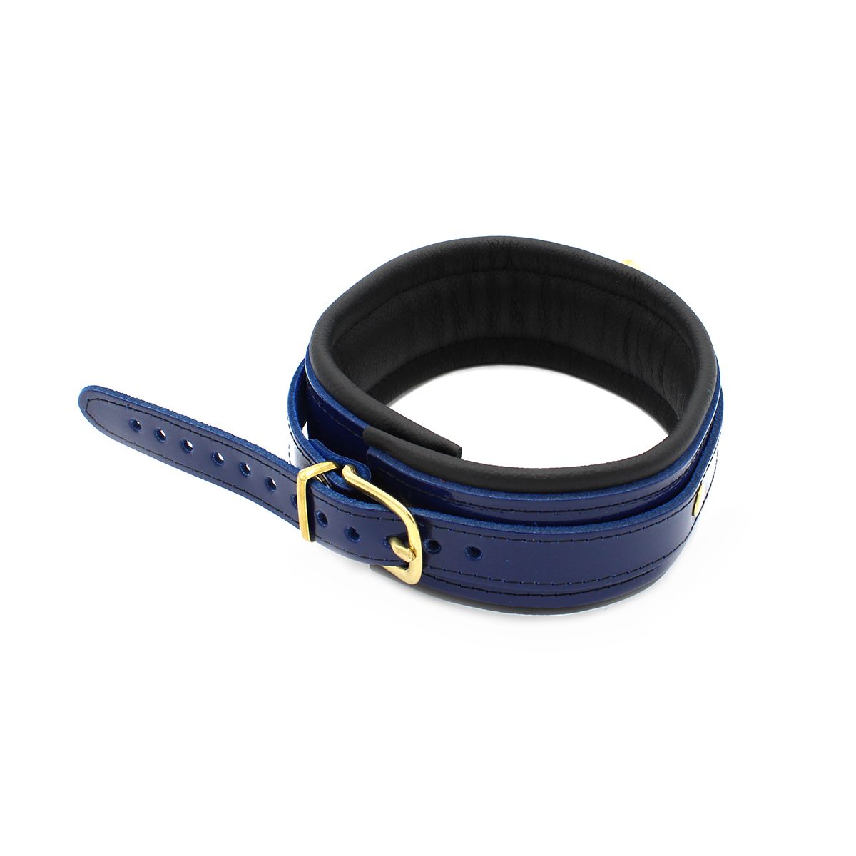 Blauwe Leren BDSM Collar met Lakafwerking & Gouden Gespen - Collar - SM-speeltjes