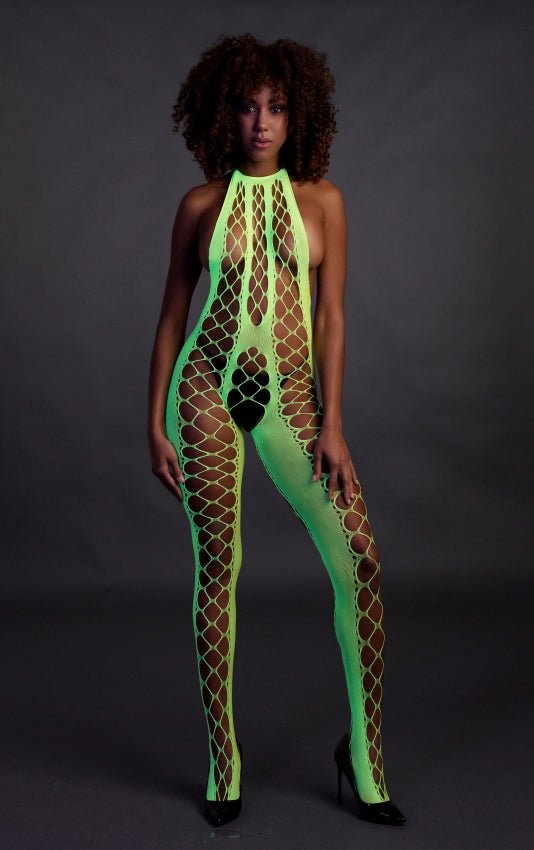 Bodystocking with Halterneck - Neon Green OS en QS - SM - speeltjes