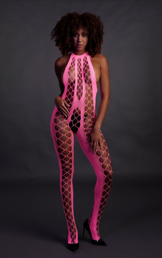 Bodystocking with Halterneck - Neon Pink OS en QS - SM - speeltjes