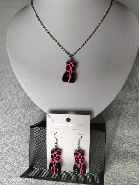 Bondage set oorbellen/halsketting roze touw - SM - speeltjes