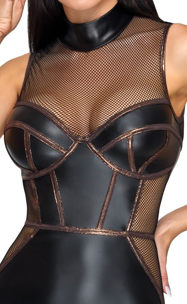 Cottelli Mouwloze Jurk Matte Look & Mesh – Corsage Stijl Zwart S t/m XL - Fetish Jurk - SM-speeltjes