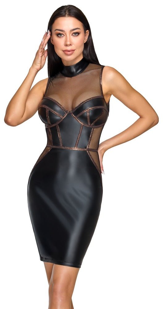 Cottelli Mouwloze Jurk Matte Look & Mesh – Corsage Stijl Zwart S t/m XL - Fetish Jurk - SM-speeltjes