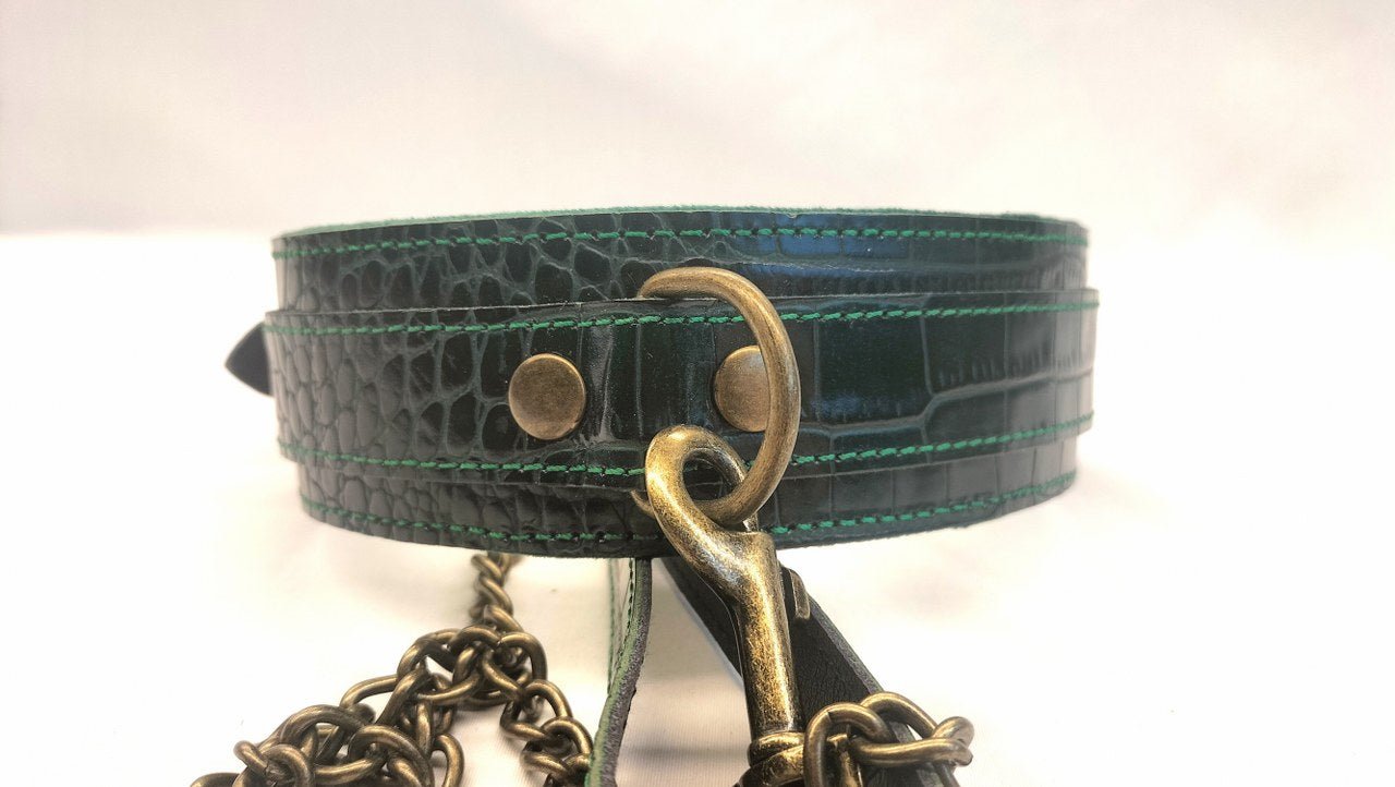 Exclusieve Japan Import Leder Collar met Leiband - Donker groen met crocoprint - Collar - SM - speeltjes