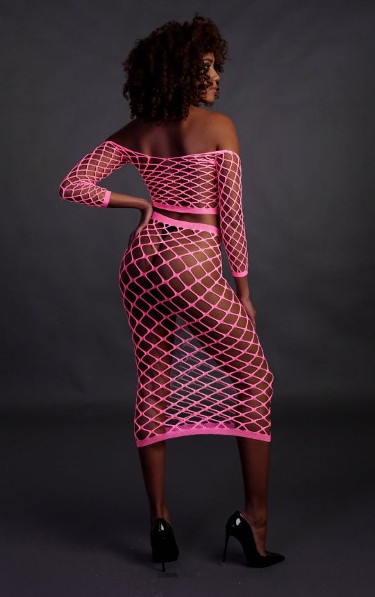 Long Sleeve Crop Top and Long Skirt - Neon Pink OS en QS - SM - speeltjes