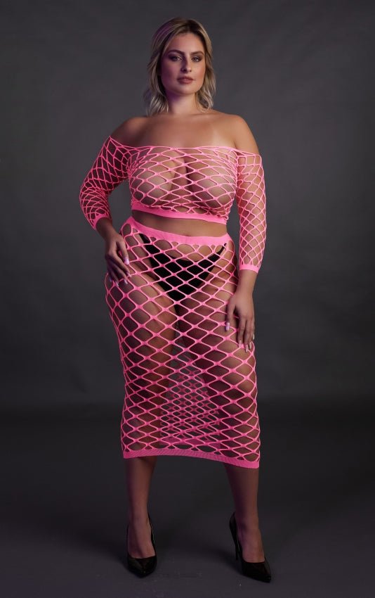 Long Sleeve Crop Top and Long Skirt - Neon Pink OS en QS - SM - speeltjes