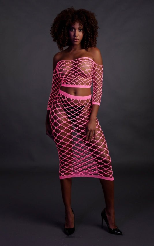 Long Sleeve Crop Top and Long Skirt - Neon Pink OS en QS - SM - speeltjes