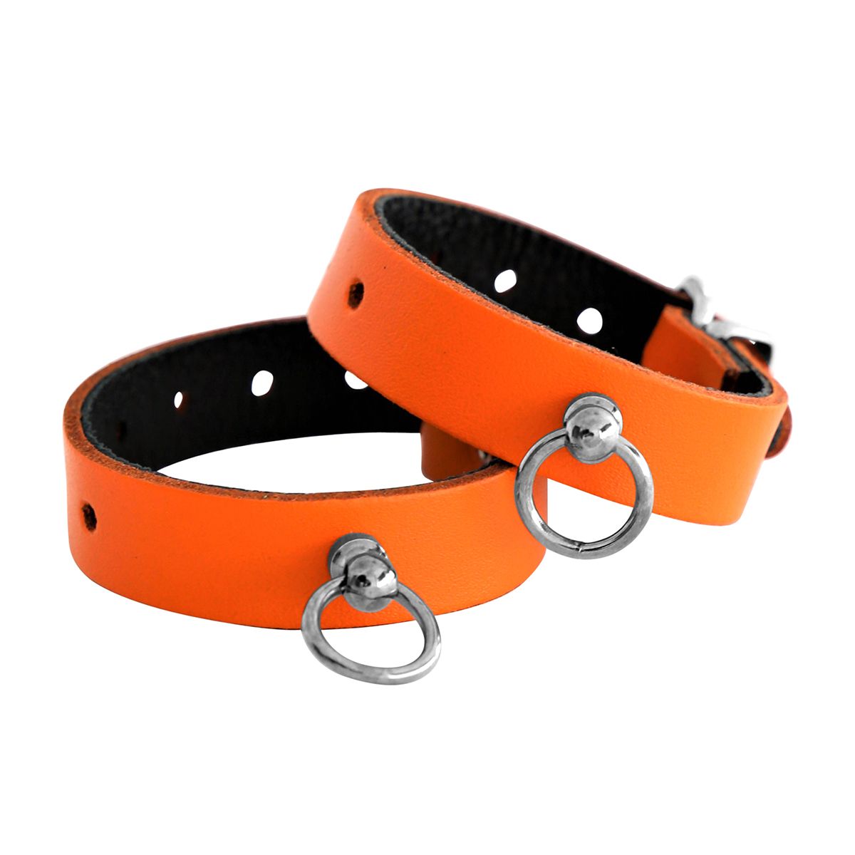 Oranje Zwart Leren Collar en/of Handboeien Kopen - Mini O - Ring - BDSM - SM - speeltjes