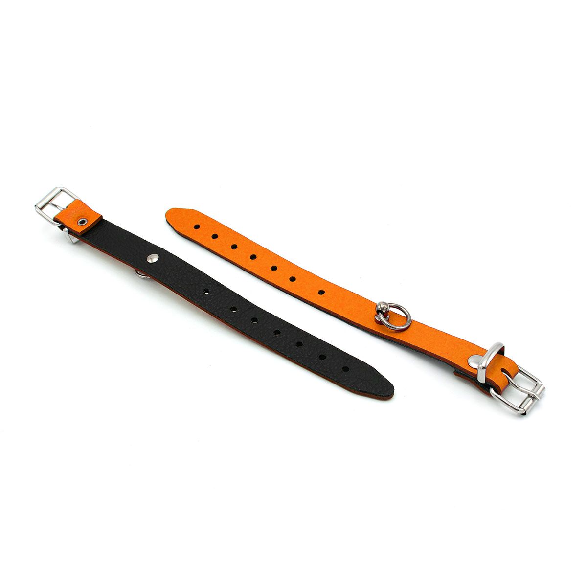 Oranje Zwart Leren Collar en/of Handboeien Kopen - Mini O - Ring - BDSM - SM - speeltjes