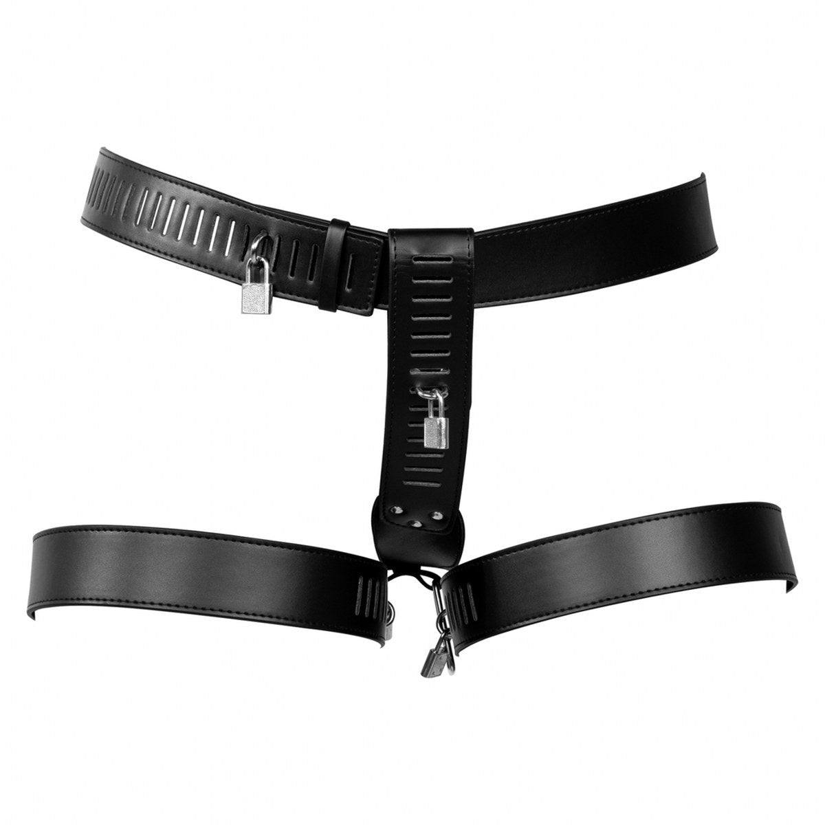 PU Leather Female Chastity Belt with Leg Restraint - Black - SM - speeltjes