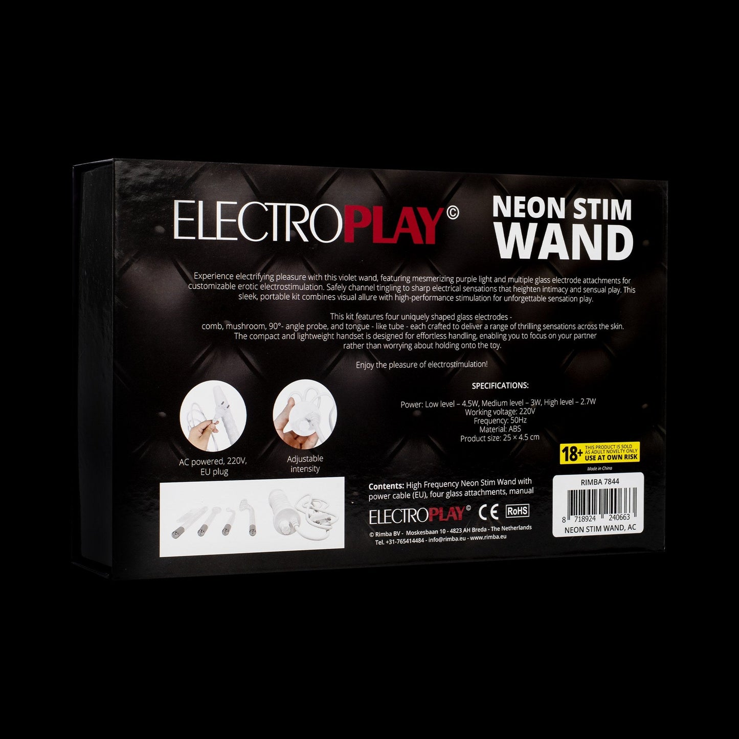 Rimba Neon Wand 220V – Violet Wand 4 Glazen Opzetstukken Electro Play - Electro Play Apparaten - SM - speeltjes