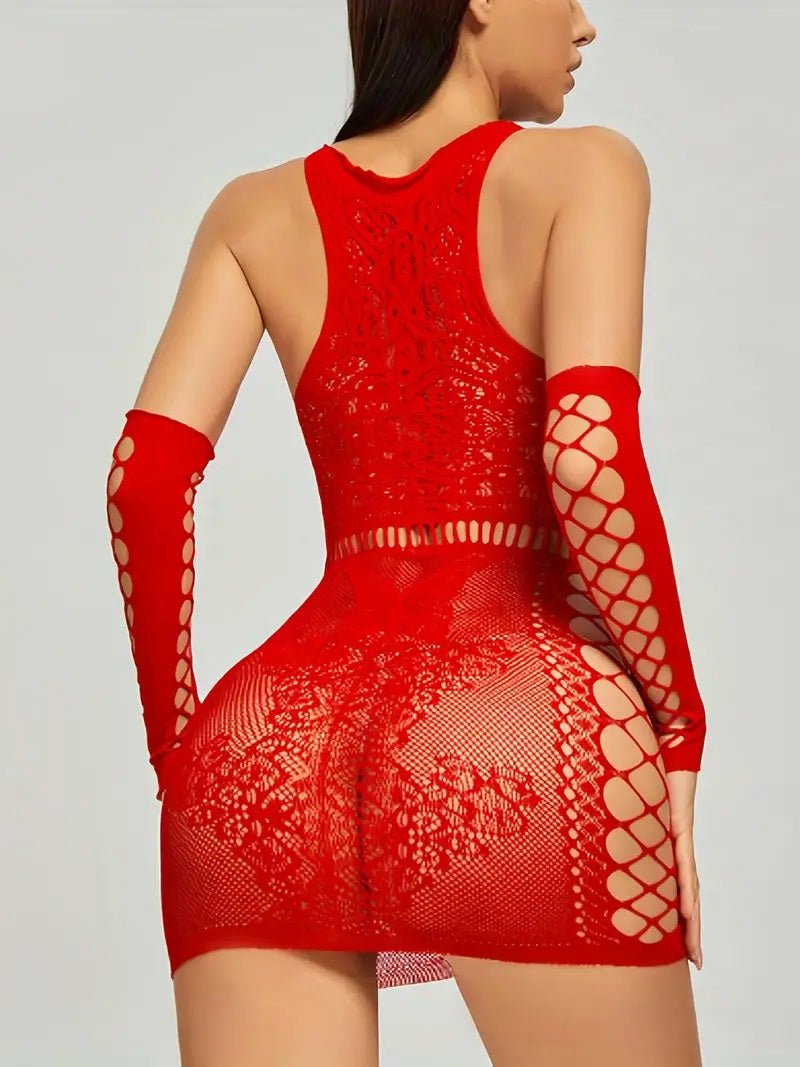 Rode mini dress met handschoenen Queen size - SM - speeltjes