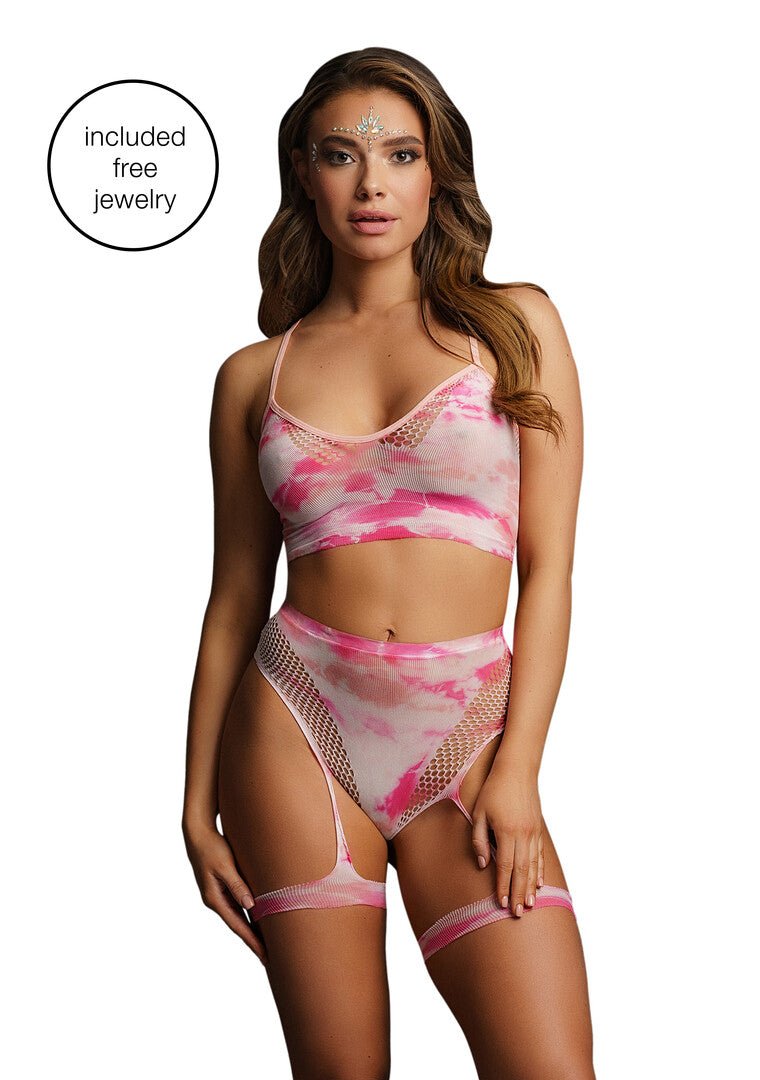 Tie - Dye BH Set met Jarretels & Bling Sticker – One Size Multicolor - Lingerie Sets - SM - speeltjes