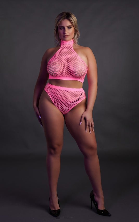 Turtle Neck and High Waist Slip - Neon Pink OS en QS - SM - speeltjes