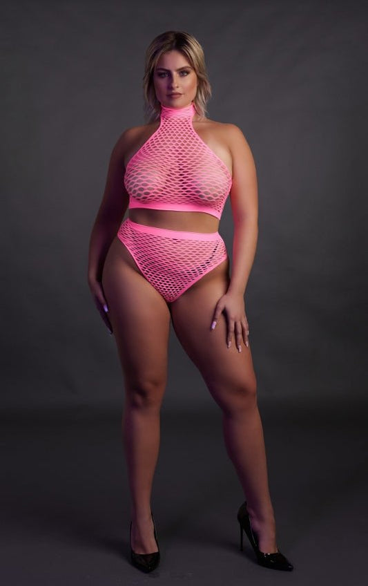 Turtle Neck and High Waist Slip - Neon Pink OS en QS - SM - speeltjes