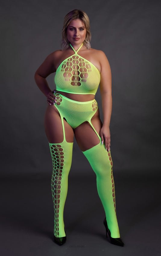 Two Piece with Crop Top and Stockings - Neon Green QS - SM - speeltjes