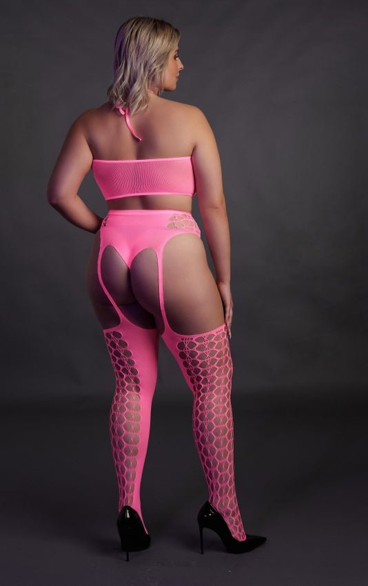 Two Piece with Crop Top and Stockings - Neon Pink OS en QS - SM - speeltjes