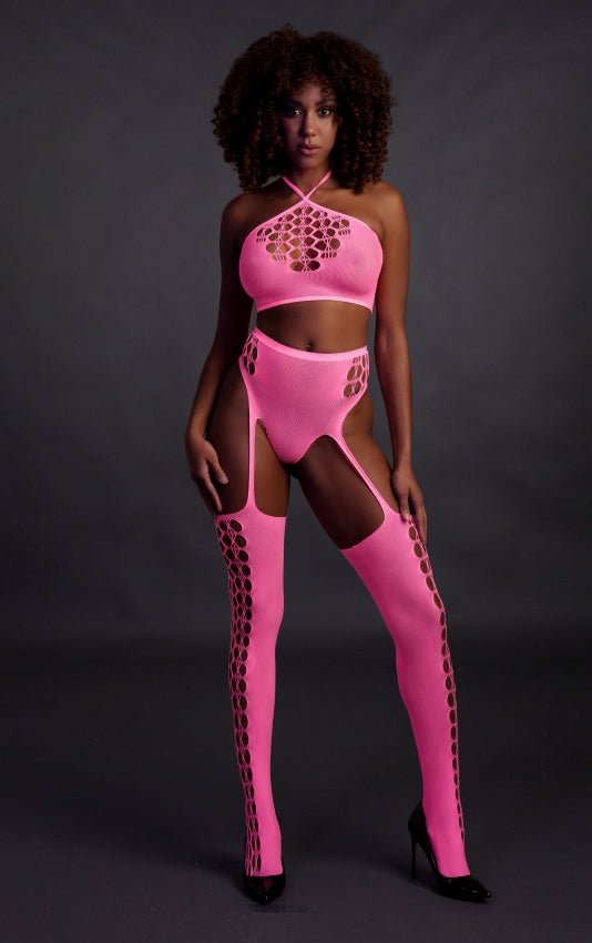 Two Piece with Crop Top and Stockings - Neon Pink OS en QS - SM - speeltjes